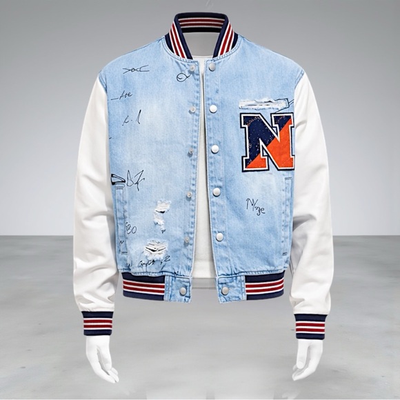 Fashion Nova Men’s Light Blue & White Graffiti Denim Varsity Jacket - Picture 5 of 13
